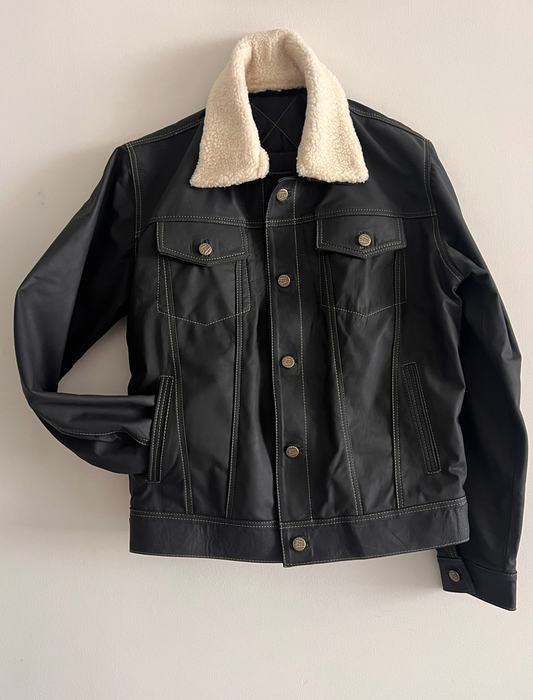 Black Leather Jacket with Cream Wool Collar